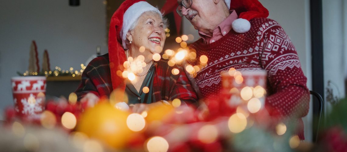 Happy,Senior,Couple,Celebrating,Christmas,Eve,With,Sparklers.